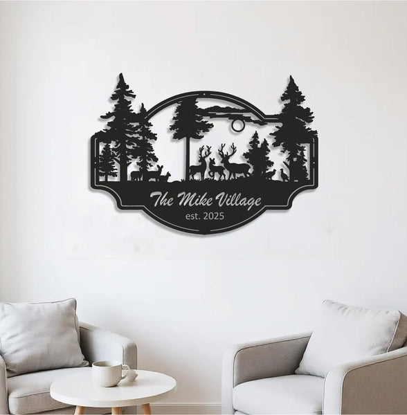 Maxcorners Personalized Deer Metal Sign WITH LED/WITHOUT LED - Rustic Wildlife Scene Cabin Name Sign, Family Lodge Outdoor Wall Art LM0110