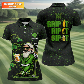 Maxcorners Grip It Rip It Sip It St Patrick's Day Leprechaun Golf And Beer Shamrock Golf Shirt, Golf Shirt For Women
