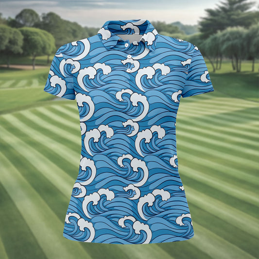 Maxcorners Japanese Wave Golf Shirt, Ocean Wave Pattern Women's Golf Polo, Polo Shirts For Women LM1507