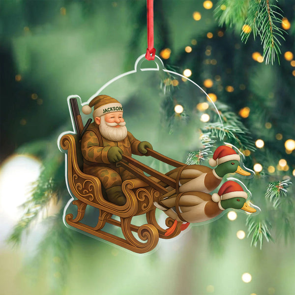 Maxcorners Personalized Funny Santa Hunter Acrylic Ornament– Duck Hunting Christmas Wall Art, Santa Claus with Ducks Sleigh, Custom Hunter Gift for Men LM0411