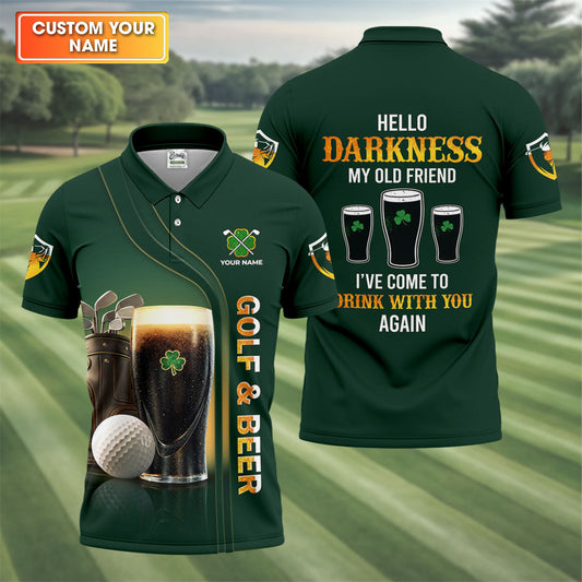 Maxcorners Hello Darkness My Old Friend Golf And Beer St Patrick's Day Green Golf Tops For Men, Golf Shirts For Men