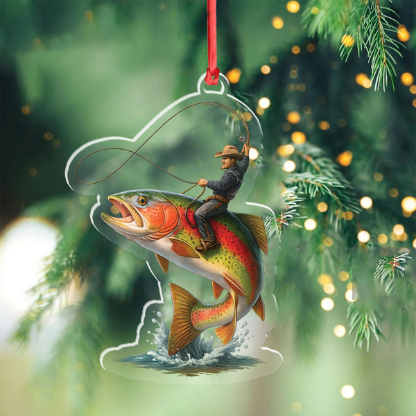 Maxcorners Personalized Funny Fishing Acrylic Ornament – Cowboy Riding Fish Christmas Decoration for Fishermen LM0411