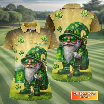 Maxcorners Happy St Patrick's Day Shamrock Gnome Golf And Beer Women's Golf Tops, Ladies Golf Polos
