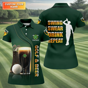 Maxcorners Swing Swear Drink Repeat Golf And Beer St Patrick's Day Green Women's Golf Tops, Ladies Golf Polos