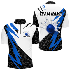 Maxcorners Black and White Bowling Polo, Quarter Zip Shirt for Men Custom Lightning Team bowling jerseys | Blue LM054
