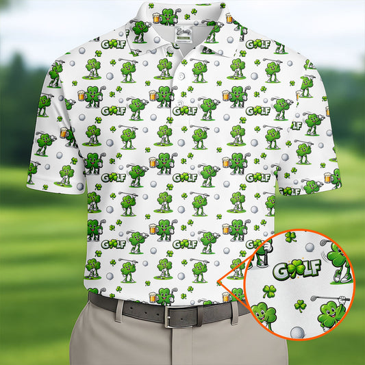 Maxcorners Three Leaf Clover Golf And Beer St Patrick's Day White Golf Shirt, Fun Golf Shirts For Men, Polo Shirts For Men