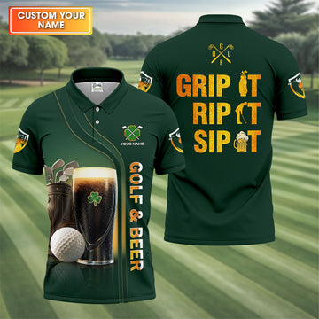 Maxcorners Grip It Rip It Sip It Golf And Beer St Patrick's Day Green Golf Tops For Men, Golf Shirts For Men