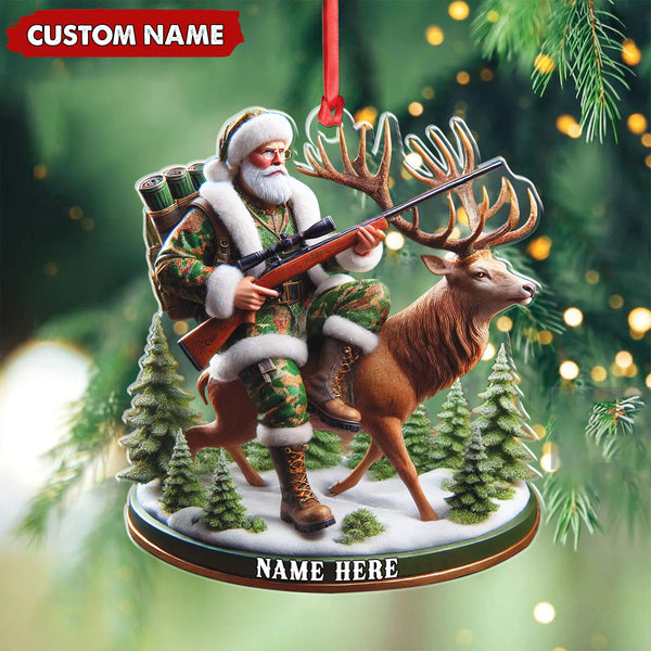 Maxcorners Personalized Acrylic Hunter Santa Riding Deer Christmas Ornament - Custom Hunting Gift Decoration LM0110