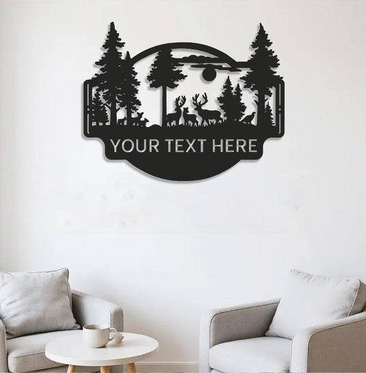 Maxcorners Personalized Deer Forest Metal Sign WITH LED/WITHOUT LED, Rustic Hunting Cabin Wall Decor, Wildlife Scene for Lodge or Mancave LM0110
