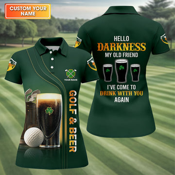 Maxcorners Hello Darkness My Old Friend Golf And Beer St Patrick's Day Green Women's Golf Tops, Ladies Golf Polos