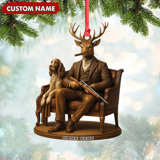 Maxcorners Personalized Acrylic Deer Christmas Ornament - Elegant Hunter Buck with Dog Holding Rifle Holiday Decor LM0110