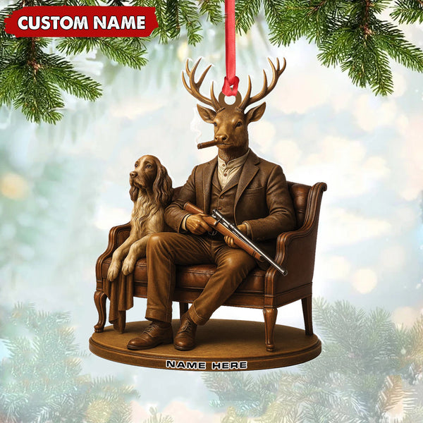 Maxcorners Personalized Acrylic Deer Christmas Ornament â€“ Elegant Hunter Buck with Dog Holding Rifle Holiday Decor LM0110