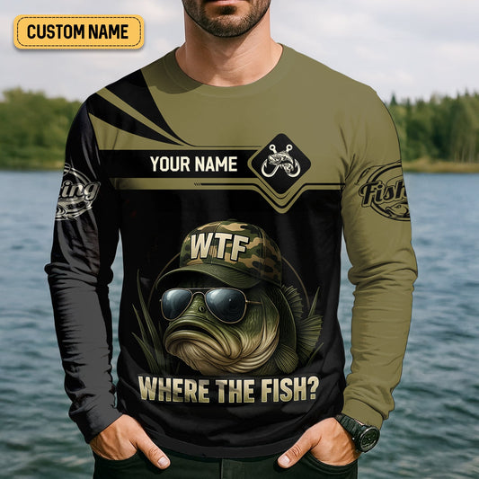 Maxcorners WTF Where The Fish Camo Bass Fishing Shirt, Funny Fishing Shirt, SPF Shirt For Men, Men's Fishing Shirt