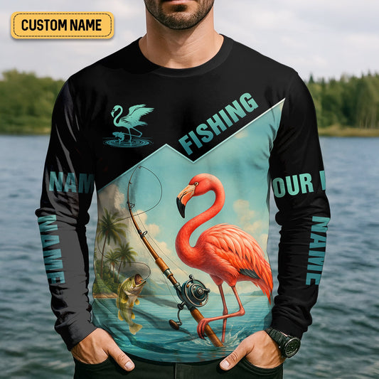 Maxcorners Flamingo Fishing, Hooded UPF Shirt, Funny Fishing Shirt, Men Jersey, Presents For Fishermen