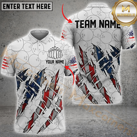 Maxcorners Bowling American Flag Scratch Torn Design Personalized Name 3D Unisex Shirt
