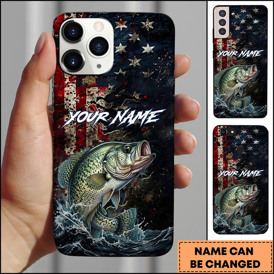Maxcorners Crappie Fishing Phone Case  Vintage USA Flag Grunge Wave Art Personalized Name Phone Case