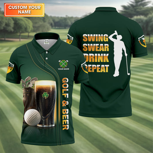 Maxcorners Swing Swear Drink Repeat Golf And Beer St Patrick's Day Green Golf Tops For Men, Golf Shirts For Men
