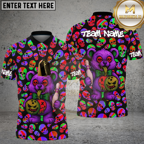 Maxcorners Bowling Shirt Crazy Cartoon Teddy Bear Bowling Ball Multioptions Personalized Name, Team Name Unisex 3D Shirt (4 Colors)