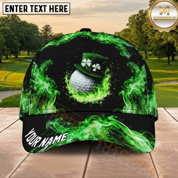 Maxcorners Golf Lucky Shamrock Ball Green Flame Personalized Name 3D Classic Cap