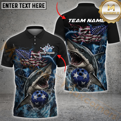 Maxcorners Bowling Shark Strikers US Flag Customized Name, Team Name 3D Unisex Shirt