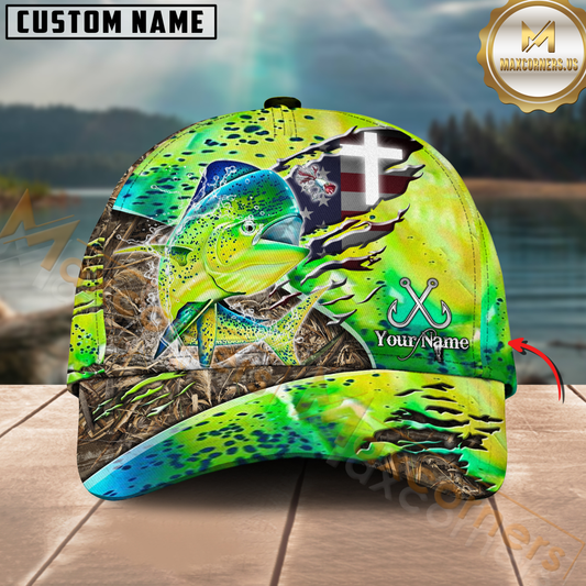 Maxcorners Fishing American Flag & Cross Design With Camo Detail Multicolor Personalized Name 3D Cap (8 Breeds)