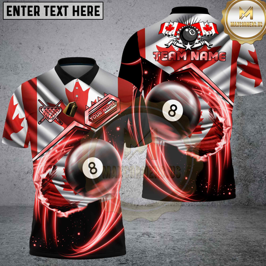 Maxcorners Billiards Canada Flag 8 Ball Red Energy Swirl Personalized Name 3D Unisex Shirt