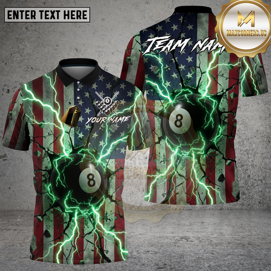 Maxcorners Billiards Shirt 8 Ball Lightning USA Flag Multicolor Options Personalized Name, Team Name 3D Shirt (4 Colors)