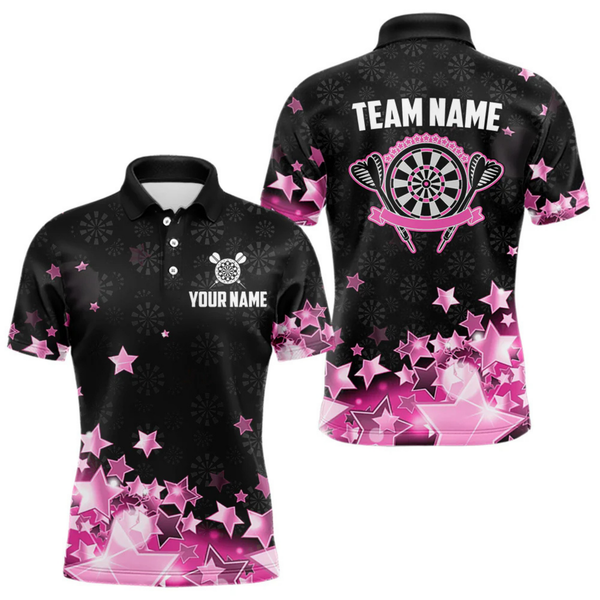 Maxcorners Funny Custom Dart Shirt For Men, Pink Black Glowing Star Pattern Darts Polo & Quarter Zip LM154