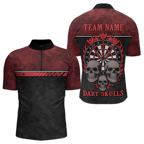 Maxcorners Men’s Custom Darts Shirt With Flaming Darts & Skulls And Crimson Halftone Pattern LM2404