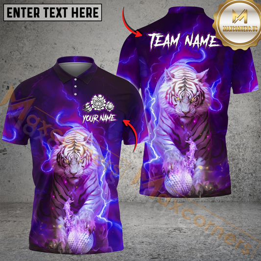 Maxcorners Lightning Tiger Golf Polo Shirt, Customized Name & Team Name 3D Shirts (4 Colors)