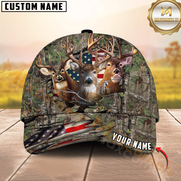 Maxcorners Deer Hunting Camo With American Flag Personalized Hat 3D Printed Multicolor