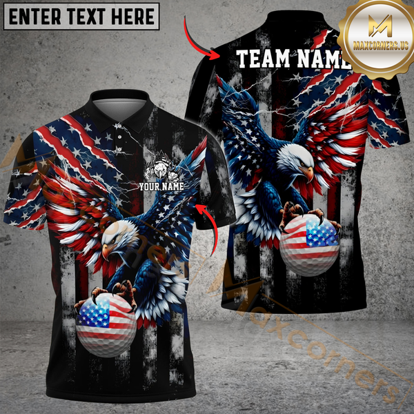 Maxcorners Patriotic Eagle Swing Golf Polo Shirt Custom Name & Team Name 3D Shirts