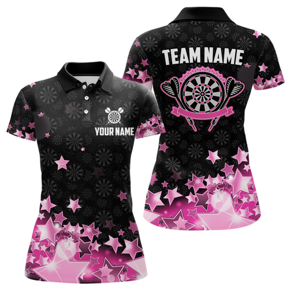 Maxcorners Funny Custom Dart Shirt For Men, Pink Black Glowing Star Pattern Darts Polo & Quarter Zip LM154