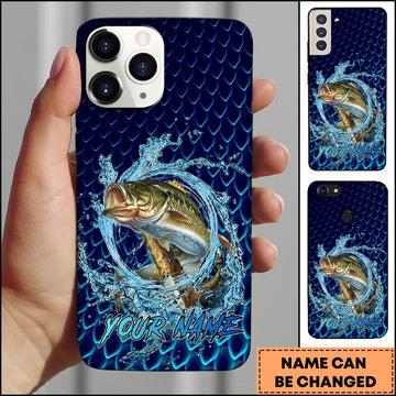 Maxcorners Bass Fishing Phone Case Water Ring Splash Dark Blue Scale Background Personalized Name Phone Case