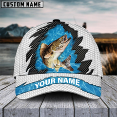 Maxcorners Walleye Fishing White Blue Wave Fishnet Customized Name 3D Cap