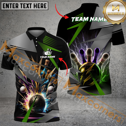 Maxcorners Ball And Pins Basic Thunder Bowling Jersey Multicolor Options Personalized Name, Team Name 3D Shirt