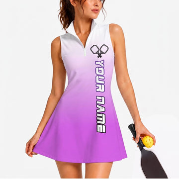 Maxcorners Pickleball Sleeveless Zipper Sports Dress Set Purple Vertical Custom Name Personalized Name 3D Sleeveless Zipper Sports Dress Set