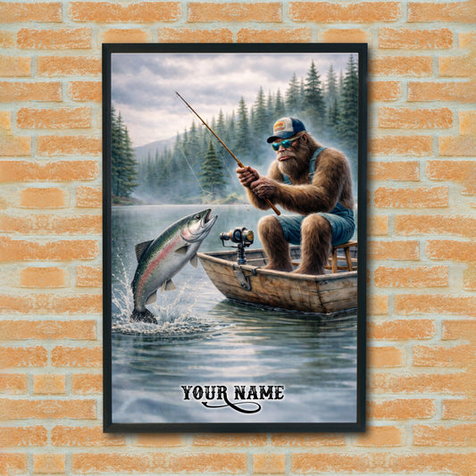 Maxcorners Rainbow Trout Fishing Bigfoot Misty Lake Scene Style Personalized Name 3D Poster