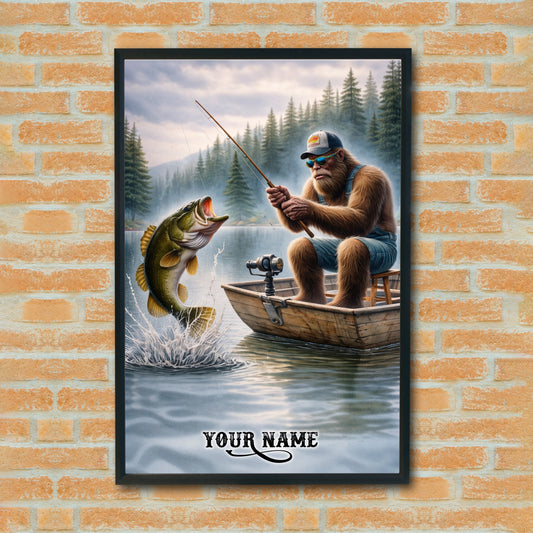 Maxcorners Largemouth Bass Fishing Bigfoot Rustic Angler Scene Style Personalized Name 3D Poster