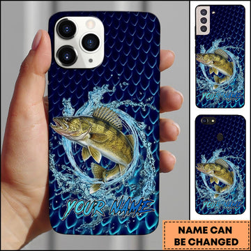 Maxcorners Walleye Fishing Phone Case Water Ring Splash Dark Blue Scale Background Personalized Name Phone Case