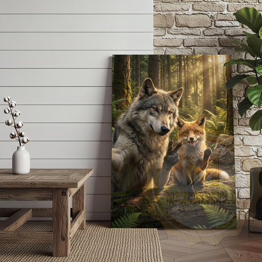 Maxcorners Funny Forest Animals Canvas - Wolf Fox Rabbit Sunlight Scene Decor