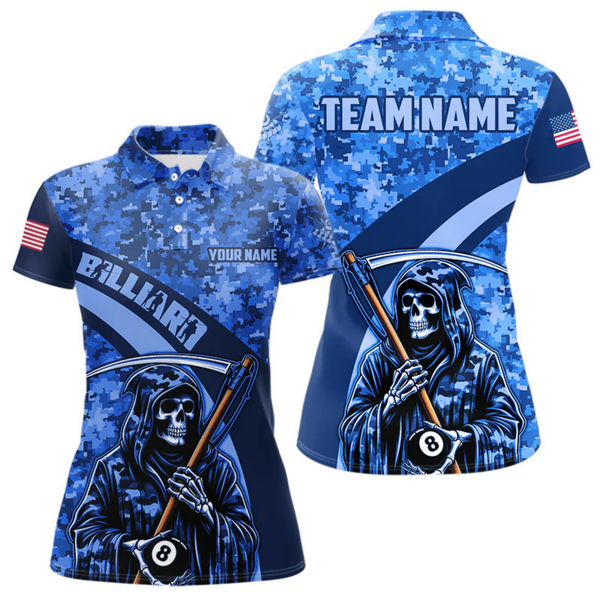 Maxcorners Personalized Death Skeleton Blue Camo Billiard Shirts For Men Custom Military Billiard Jerseys LM105
