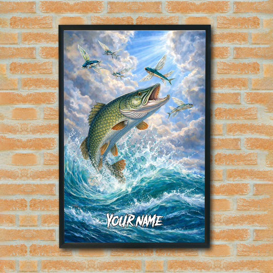Maxcorners Spotted Bass Fishing Ocean Wave Sky Style Personalized Name 3D Poster