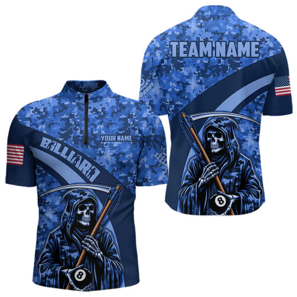 Maxcorners Personalized Death Skeleton Blue Camo Billiard Shirts For Men Custom Military Billiard Jerseys LM105