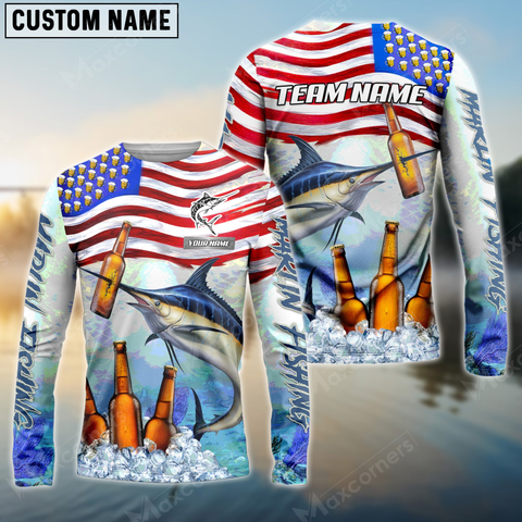 Maxcorners Marlin Fishing American Flag Bear Pattern Sun Protection Personalized Name, Team Name Long Sleeve Shirt