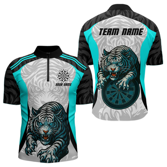 Maxcorners Men’s Darts Team Shirt Turquoise Tiger And Dartboard With Name Option LM2404