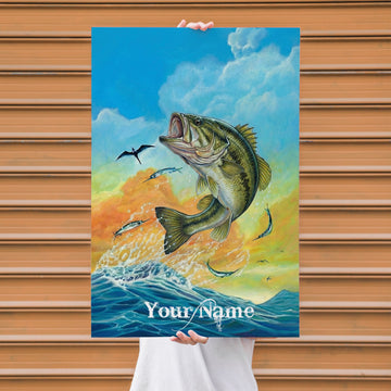Maxcorners Bass Fishing Jumping Ocean Sunset Illustration Personalized Name 3D Poster