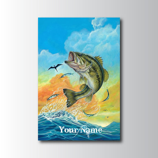 Maxcorners Bass Fishing Jumping Ocean Sunset Illustration Personalized Name 3D Poster