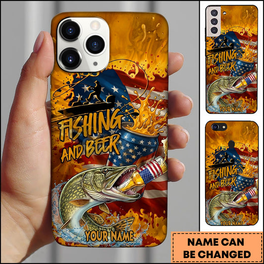 Maxcorners Pike Fishing Phone Case And Beer Golden Splash Design Personalized Name 3D Phone Case