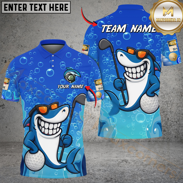 Maxcorners Funny Golf Shark Polo Shirt, Custom Name & Team Name Golf 3D Shirts